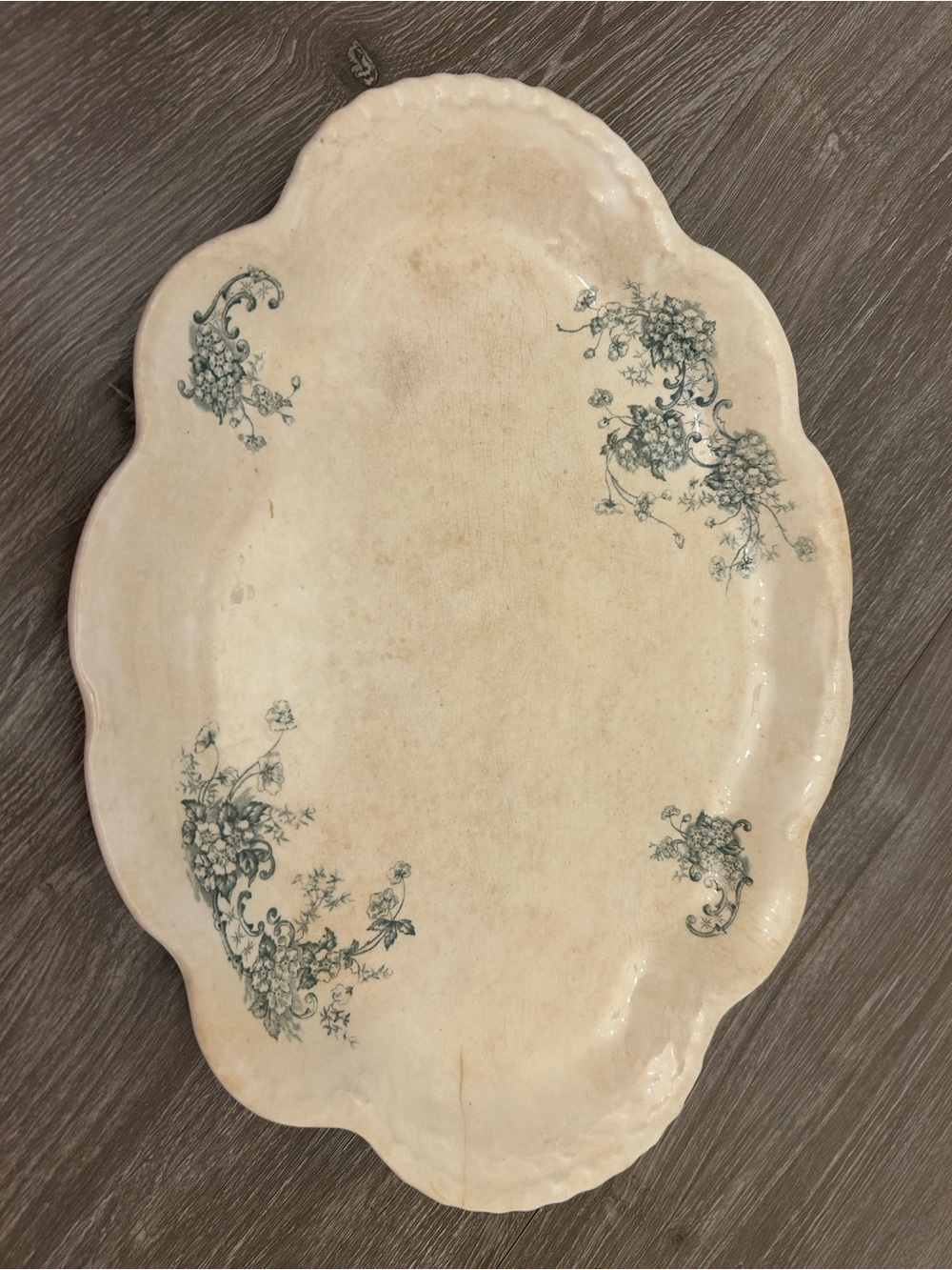 Vintage Floral Scalloped Serving Platter - Cream with Teal Floral Accents